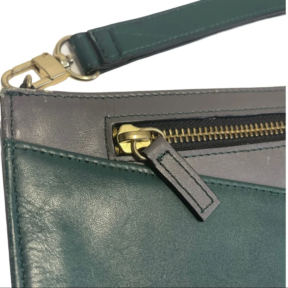 HALOGEN Leather Clutch Dark teal green w/wrist strap Two-Toned Minimalist Mod